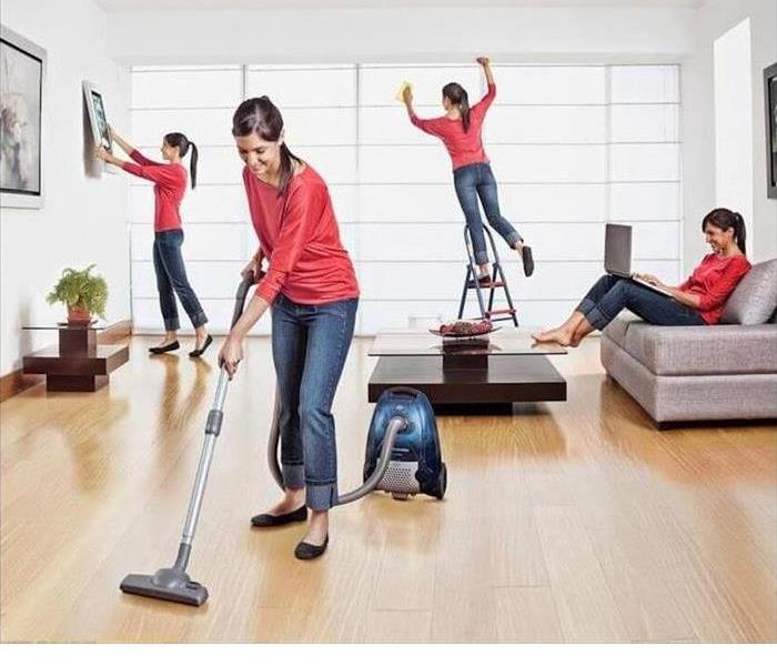 Women wearing red cleaning